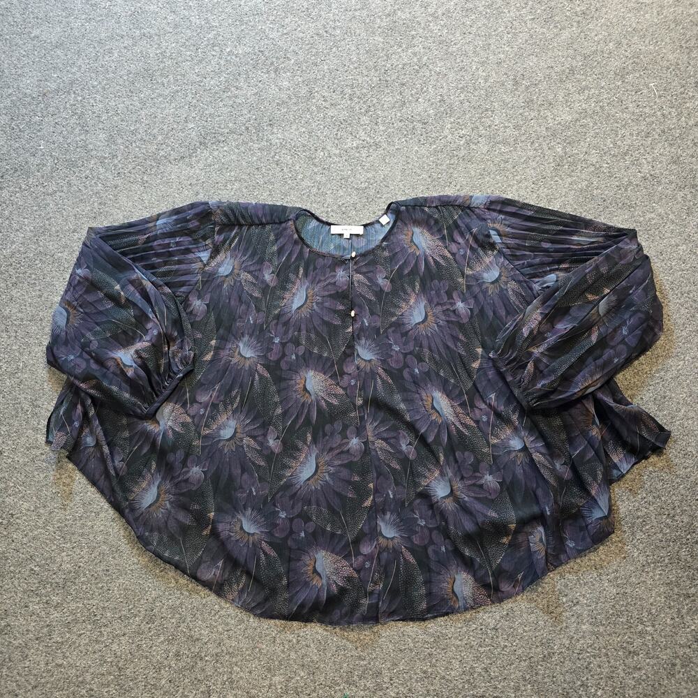 Vince Top Womens Medium Black Blue Floral Silk Sheer Pleated Oversized Casual
